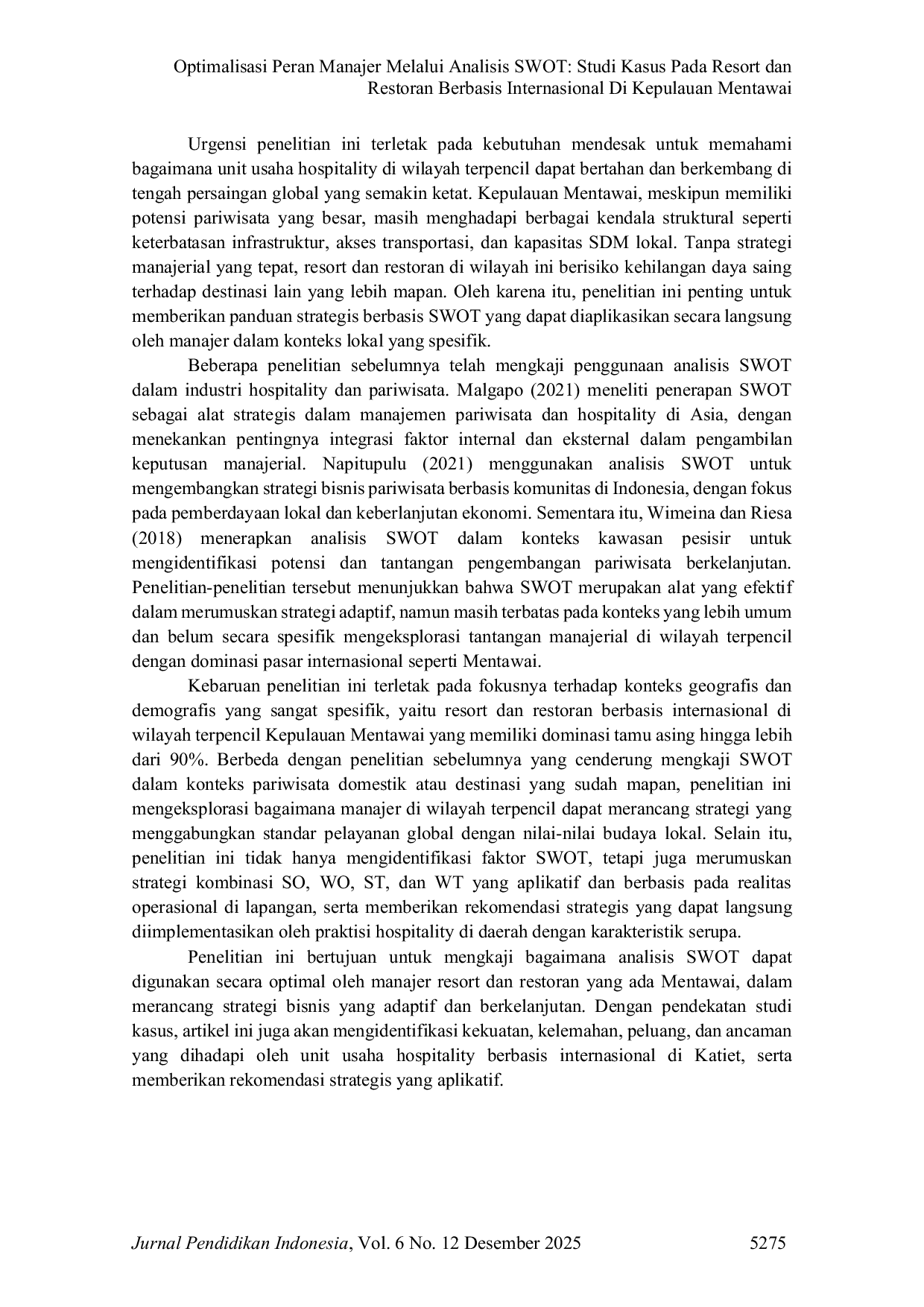 JURIS Optimalisasi Peran Manajer melalui Analisis SWOT Studi Kasus pada Resort dan Restoran Berbasis Internasional di Kepulauan Mentawai