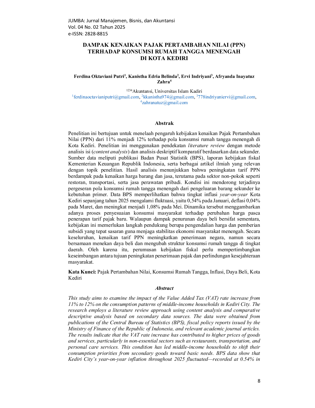 JURIS Dampak Kenaikan Pajak Pertambahan Nilai Ppn Terhadap Konsumsi Rumah Tangga Menengah Di Kota Kediri