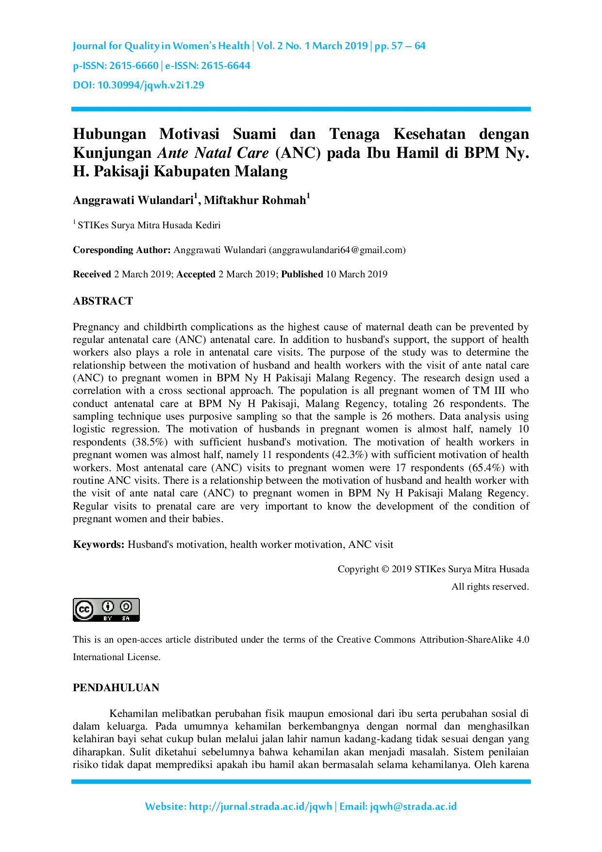 JURIS Hubungan Motivasi Suami dan Tenaga Kesehatan dengan Kunjungan Ante Natal Care ANC pada Ibu Hamil di BPM Ny H Pakisaji Kabupaten Malang