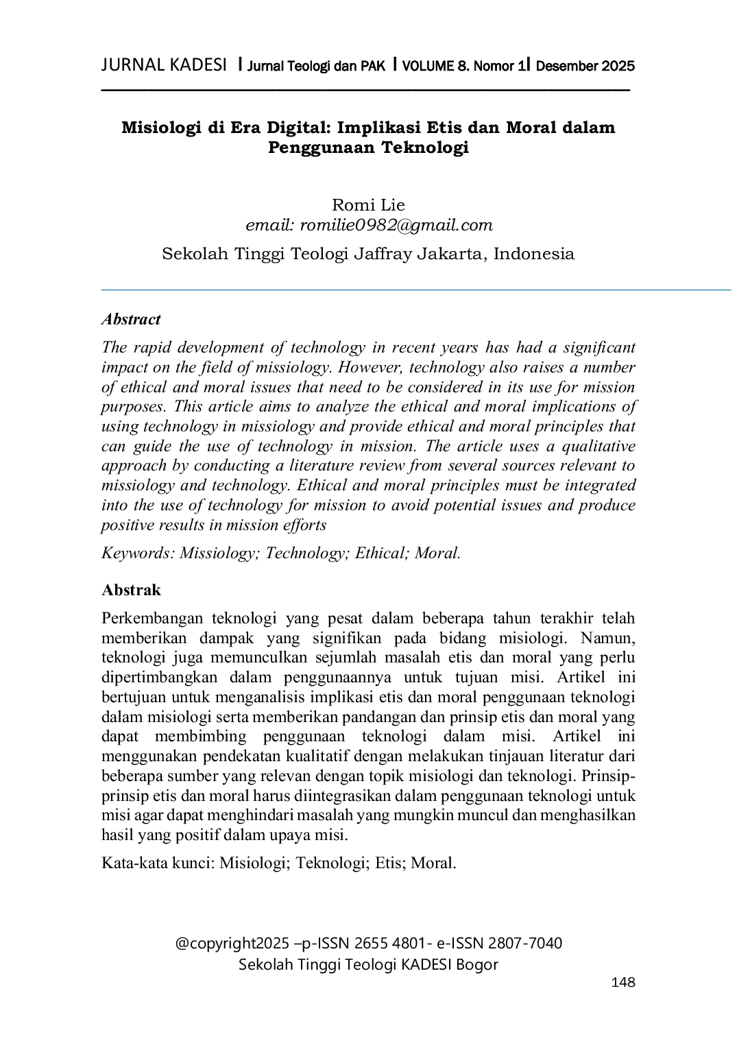 JURIS Misiologi di Era Digital Implikasi Etis dan Moral dalam Penggunaan Teknologi