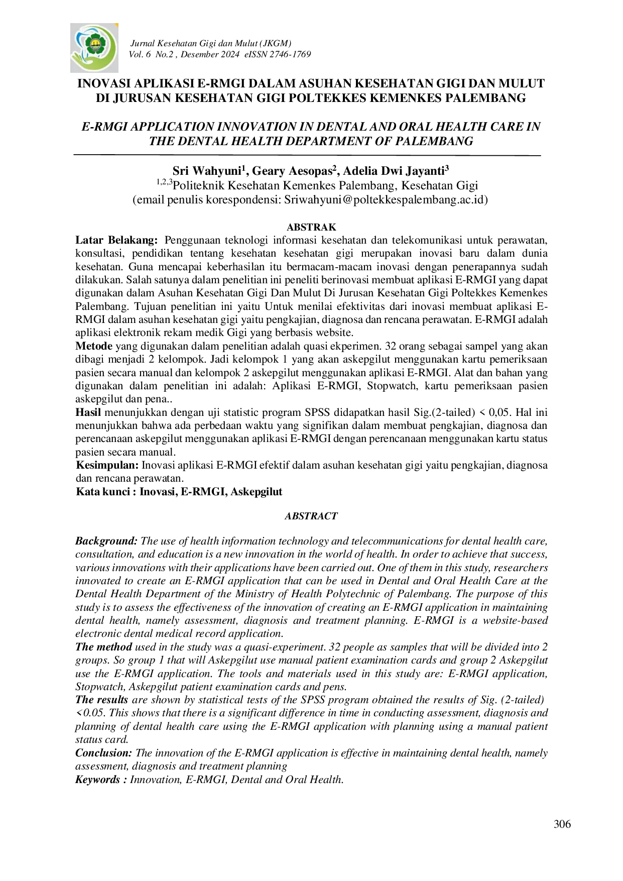 JURIS Inovasi Aplikasi EAcRMGI Dalam Asuhan Kesehatan Gigi Dan Mulut Di Jurusan Kesehatan Gigi Poltekkes Kemenkes Palembang