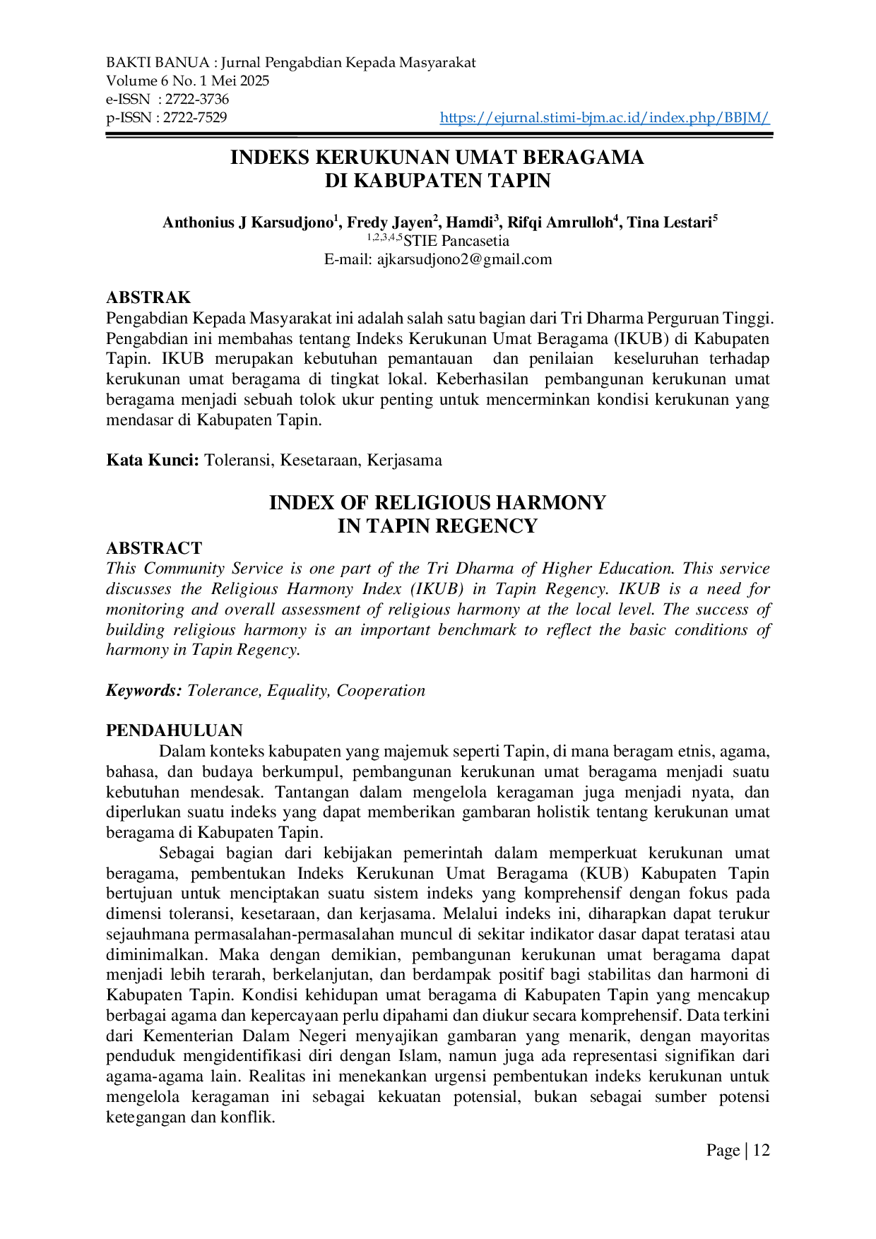 JURIS Indeks Kerukunan Umat Beragama Di Kabupaten Tapin