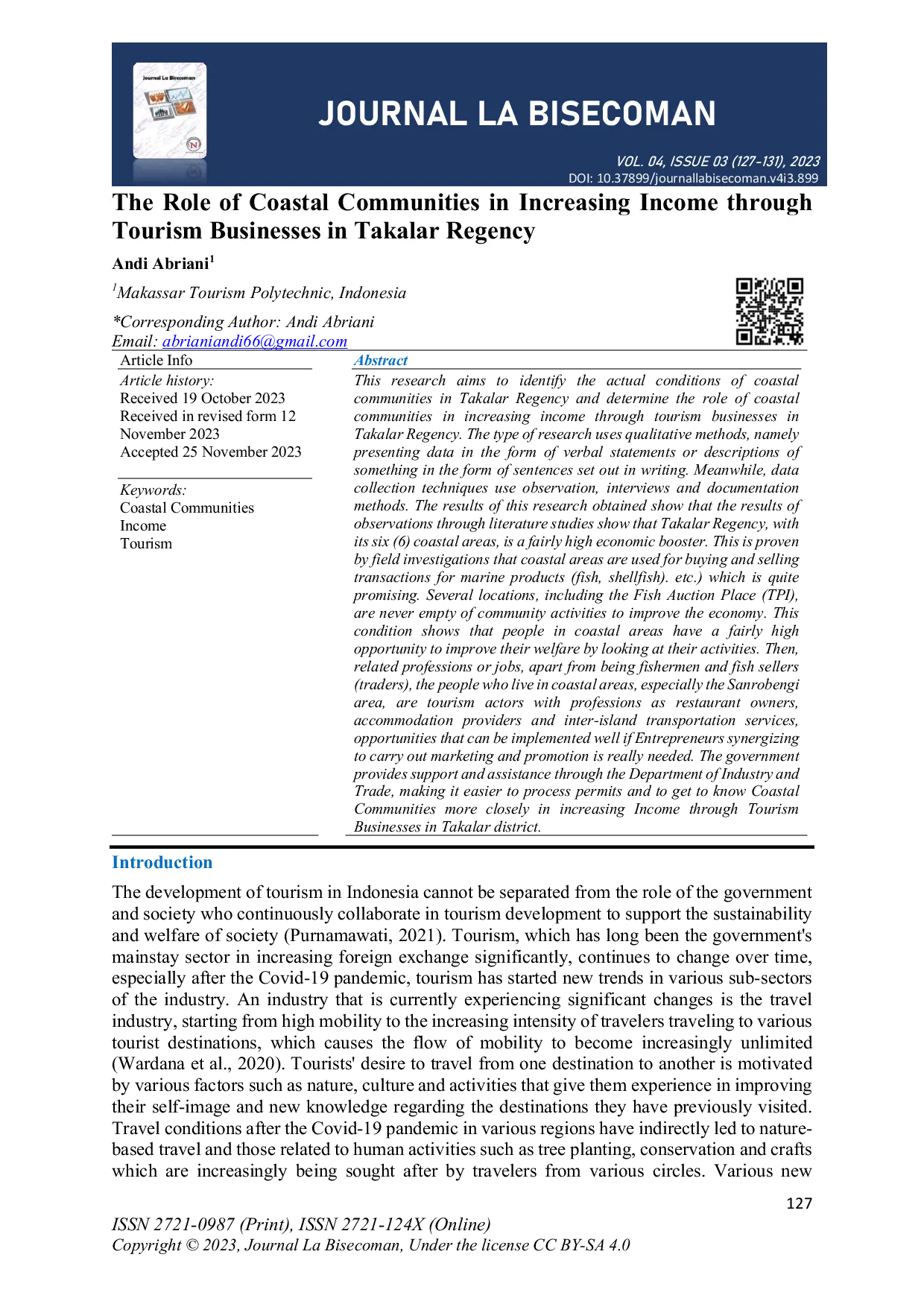 JURIS The Role of Coastal Communities in Increasing Income through Tourism Businesses in Takalar Regency