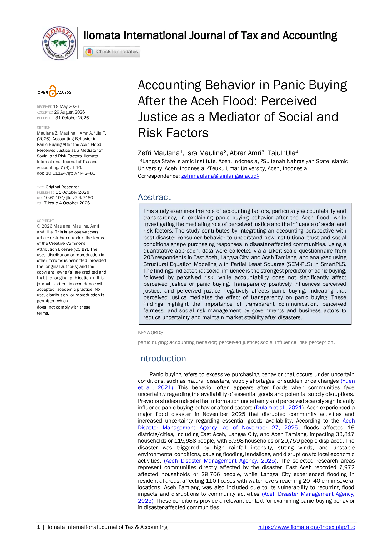 JURIS Accounting Behavior in Panic Buying After the Aceh Flood Perceived Justice as a Mediator of Social and Risk Factors