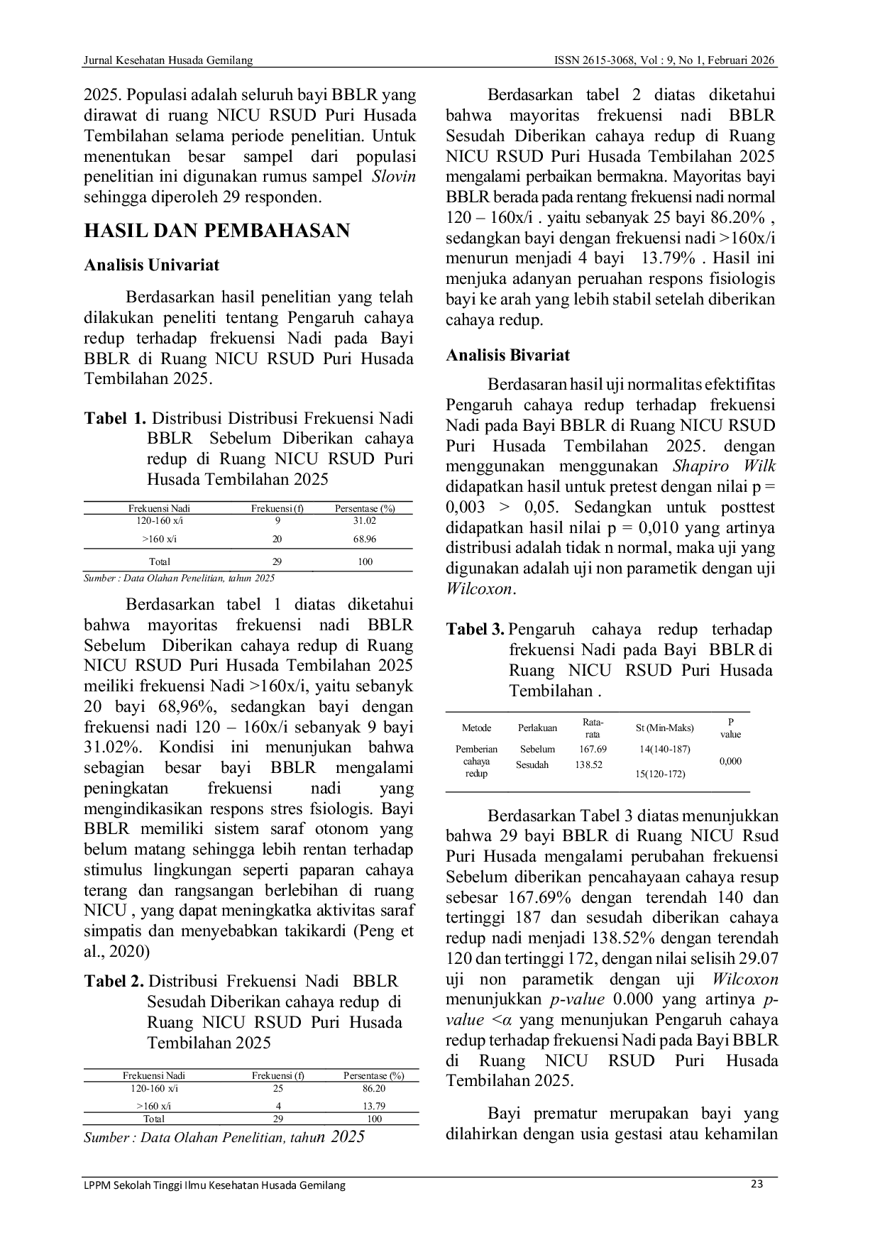 JURIS Pengaruh Cahaya Redup Terhadap Frekuensi Nadi Pada Bayi BBLR Di Ruang NICU RSUD Puri Husada Tembilahan