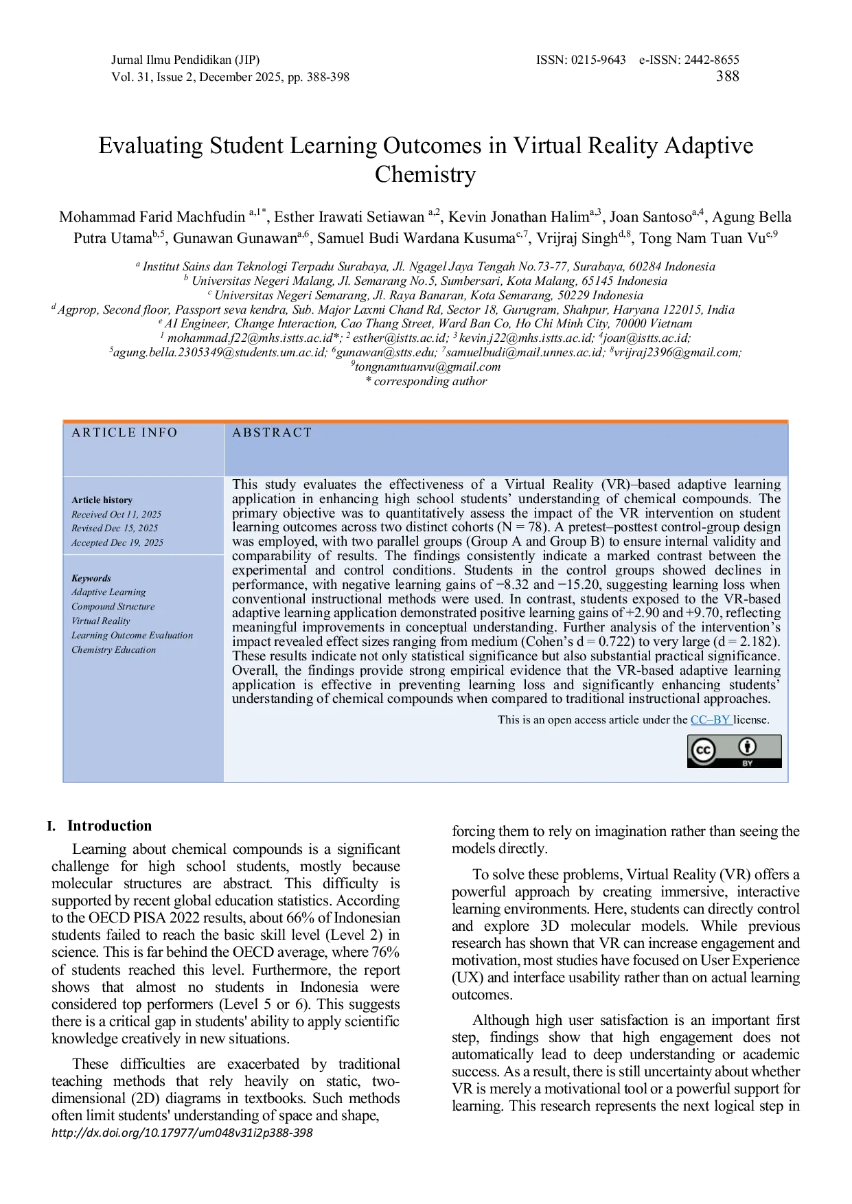 JURIS Evaluating Student Learning Outcomes in Virtual Reality Adaptive Chemistry