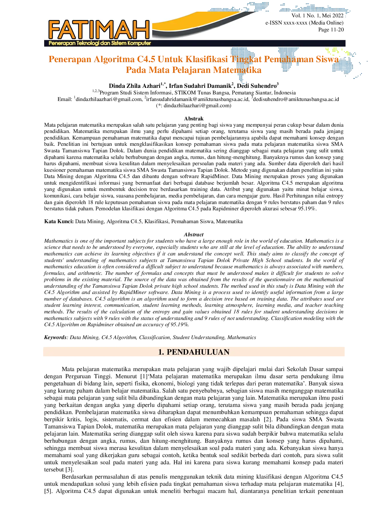 JURIS Penerapan Algoritma C4 5 Untuk Klasifikasi Tingkat Pemahaman Siswa Pada Mata Pelajaran Matematika