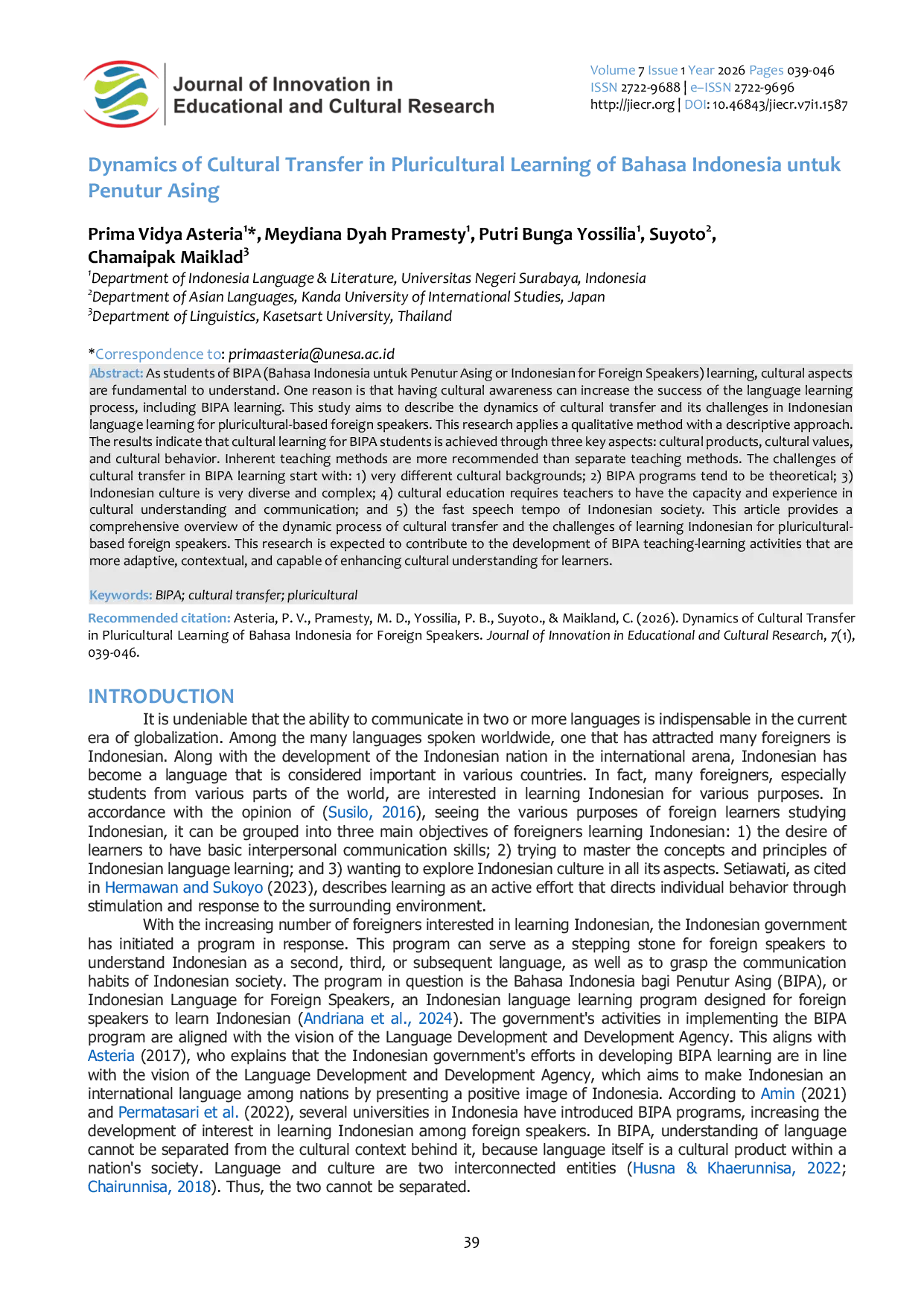 JURIS Dynamics Of Cultural Transfer In Pluricultural Learning Of Bahasa Indonesia For Foreign Speakers