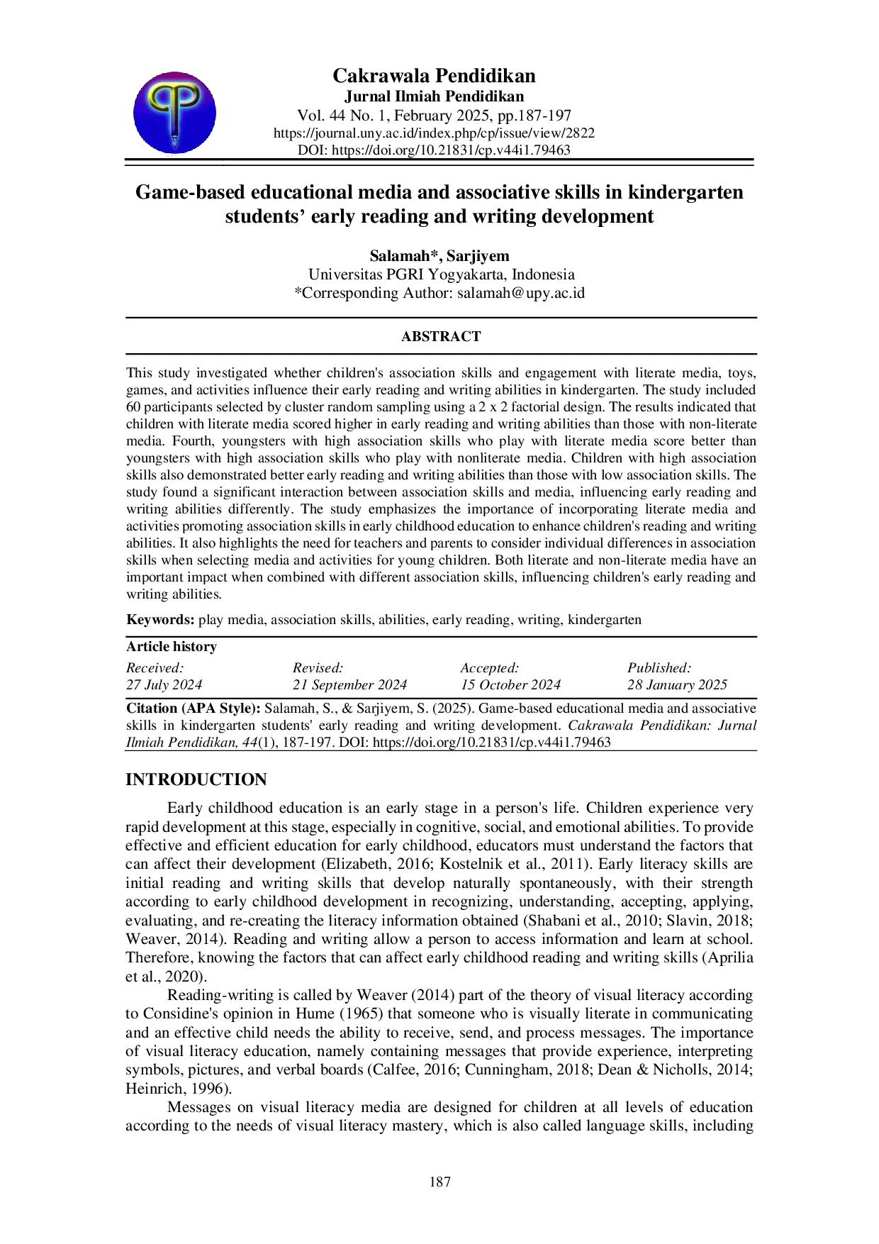 juris Game based educational media and associative skills in kindergarten students early reading and writing development
