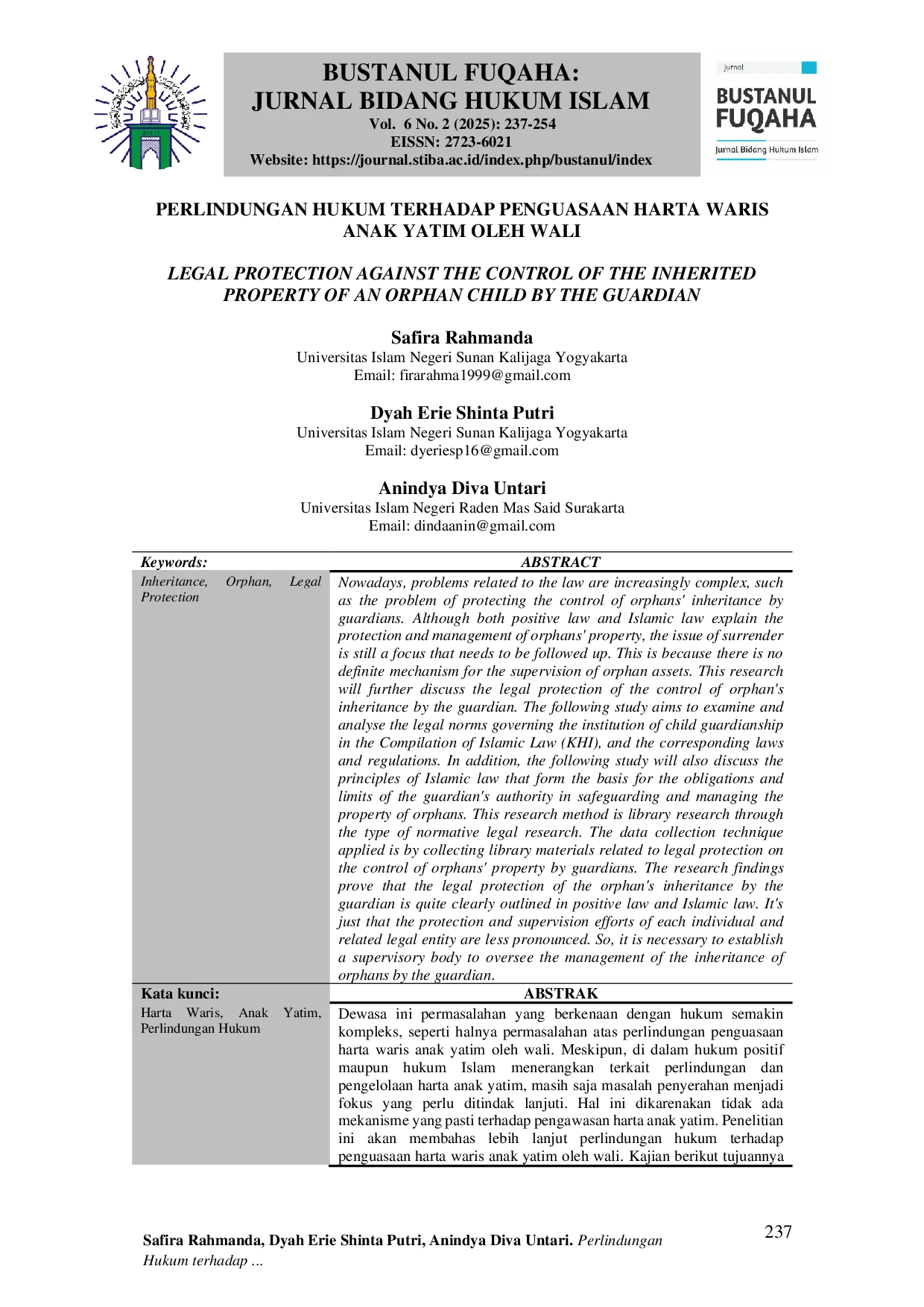 JURIS Perlindungan Hukum terhadap Penguasaan Harta Waris Anak Yatim oleh Wali Legal Protection Against the Control of the Inherited Property of an Orphan Child by the Guardian