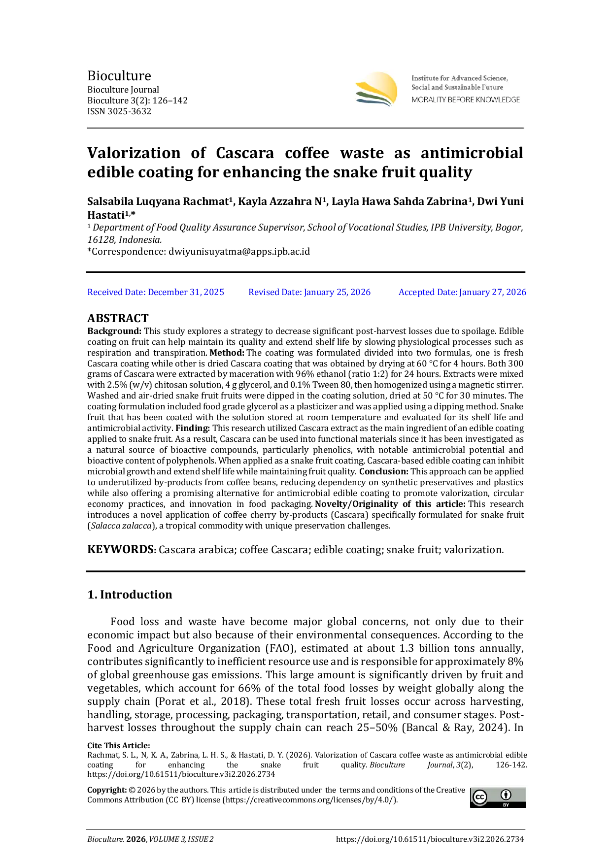 JURIS Valorization of Cascara coffee waste as antimicrobial edible coating for enhancing the snake fruit quality