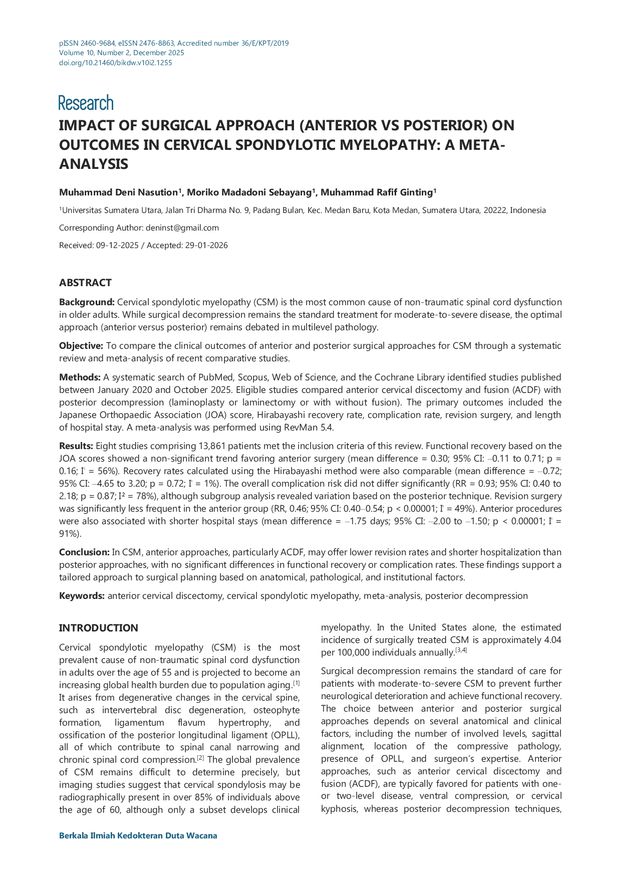 JURIS Impact Of Surgical Approach Anterior Vs Posterior On Outcomes In Cervical Spondylotic Myelopathy A MetaAcAnalysis