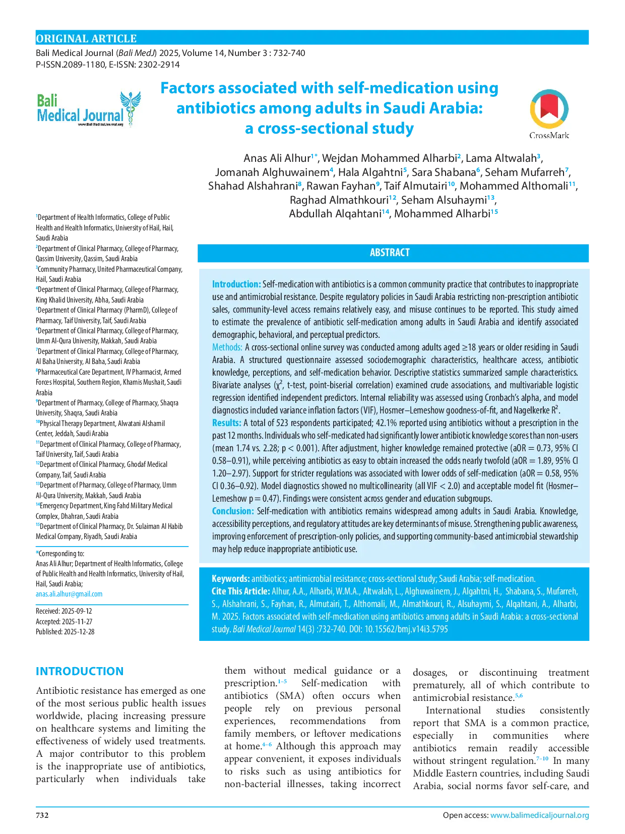 JURIS Factors associated with self medication using antibiotics among adults in Saudi Arabia a cross sectional study