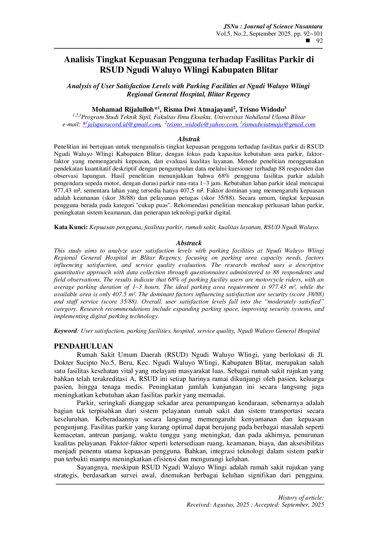 JURIS Analisis Tingkat Kepuasan Pengguna terhadap Fasilitas Parkir di RSUD Ngudi Waluyo Wlingi Kabupaten Blitar