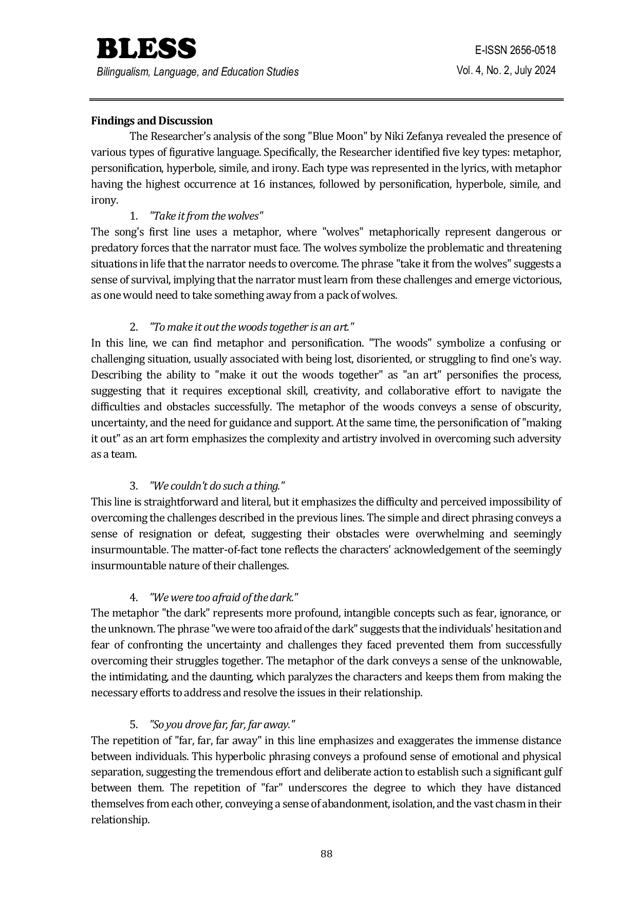JURIS Unveiling Emotions Figurative Language Analysis of Niki Zefanya s Blue Moon Song Lyrics