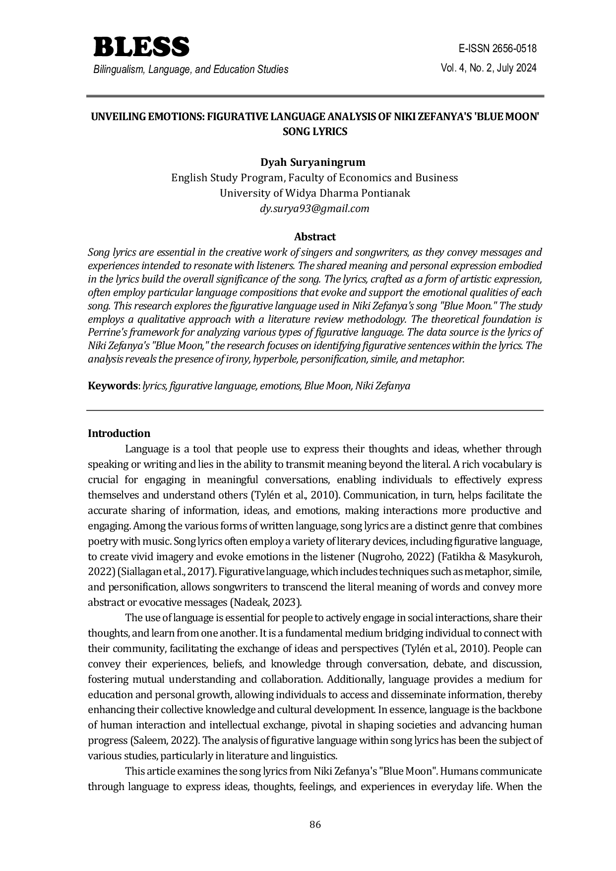 JURIS Unveiling Emotions Figurative Language Analysis of Niki Zefanya s Blue Moon Song Lyrics