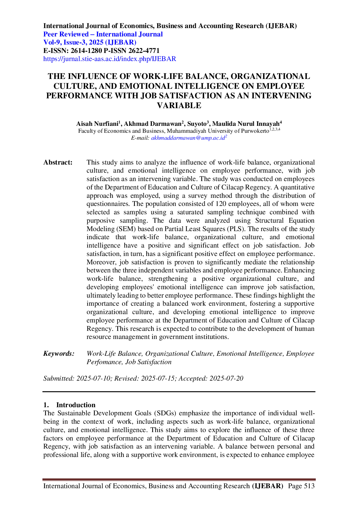 juris The Influence of Work Life Balance Organizational Culture and Emotional Intelligence on Employee Performance with Job Satisfaction as an Intervening Variable