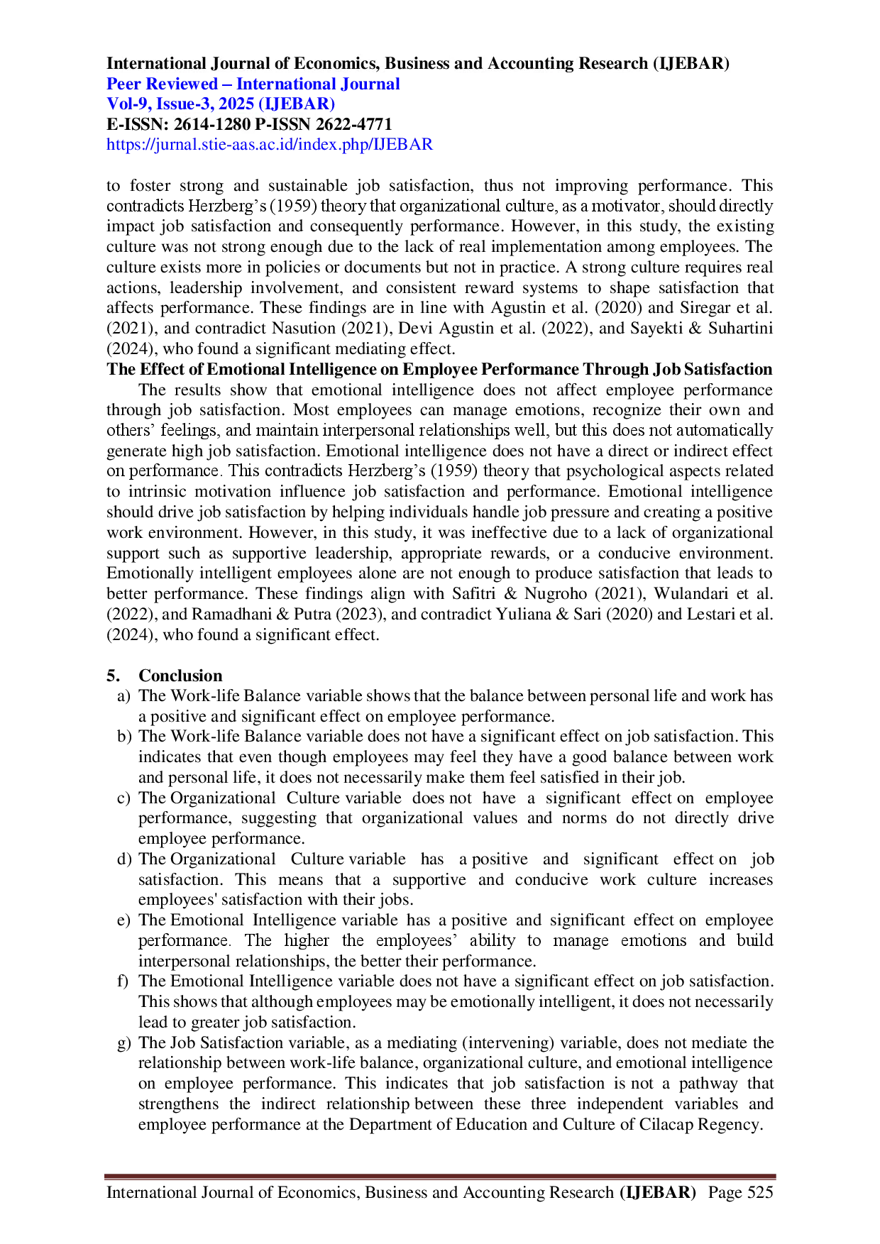 juris The Influence of Work Life Balance Organizational Culture and Emotional Intelligence on Employee Performance with Job Satisfaction as an Intervening Variable