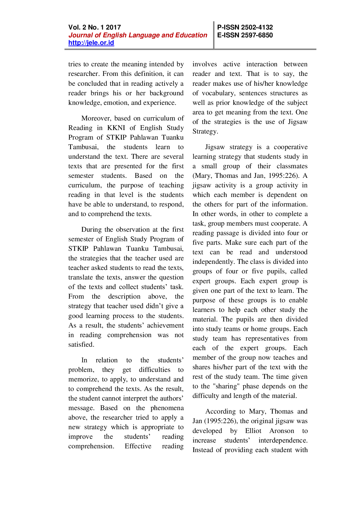 JURIS Improving Reading Comprehension By Using Jigsaw Strategy At Stkip Pahlawan Tuanku Tambusai