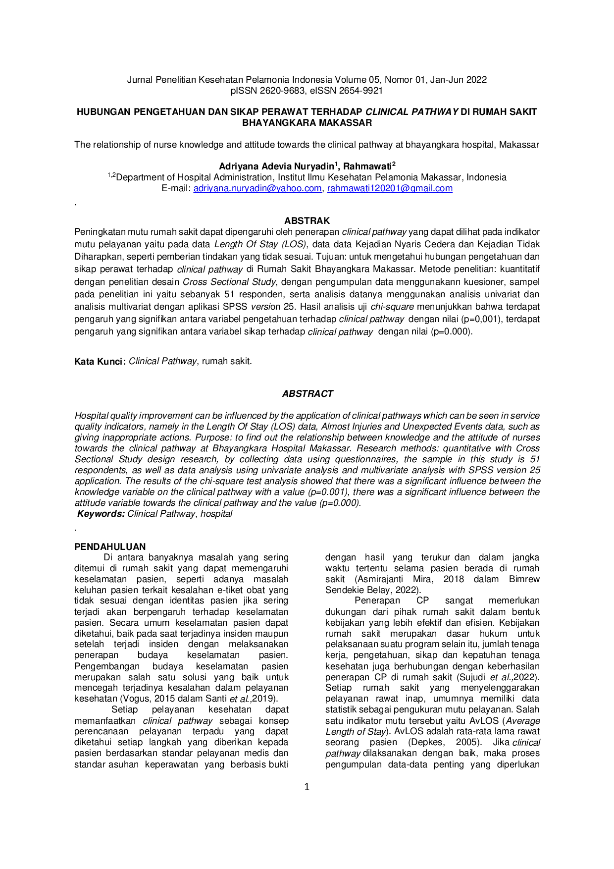 JURIS Hubungan Pengetahuan Dan Sikap Perawat Terhadap Clinical Pathway Di Rumah Sakit Bhayangkara Makassar