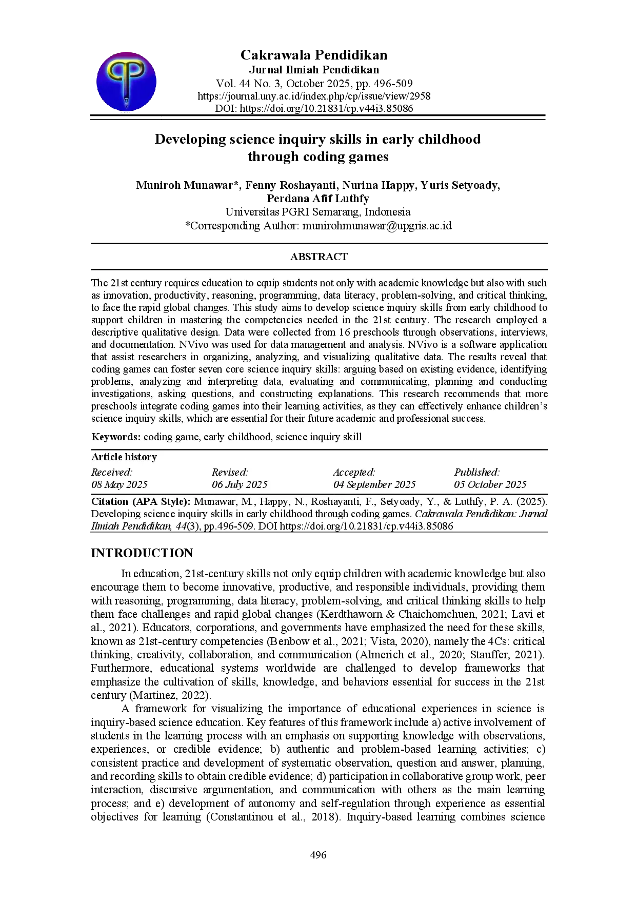 juris Developing science inquiry skills in early childhood through coding games