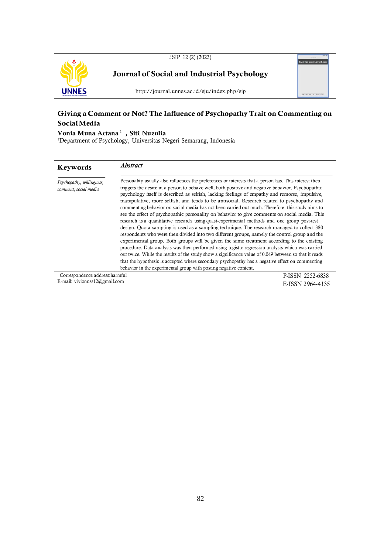 JURIS Giving a Comment or Not The Influence of Psychopathy Trait on Commenting on Social Media