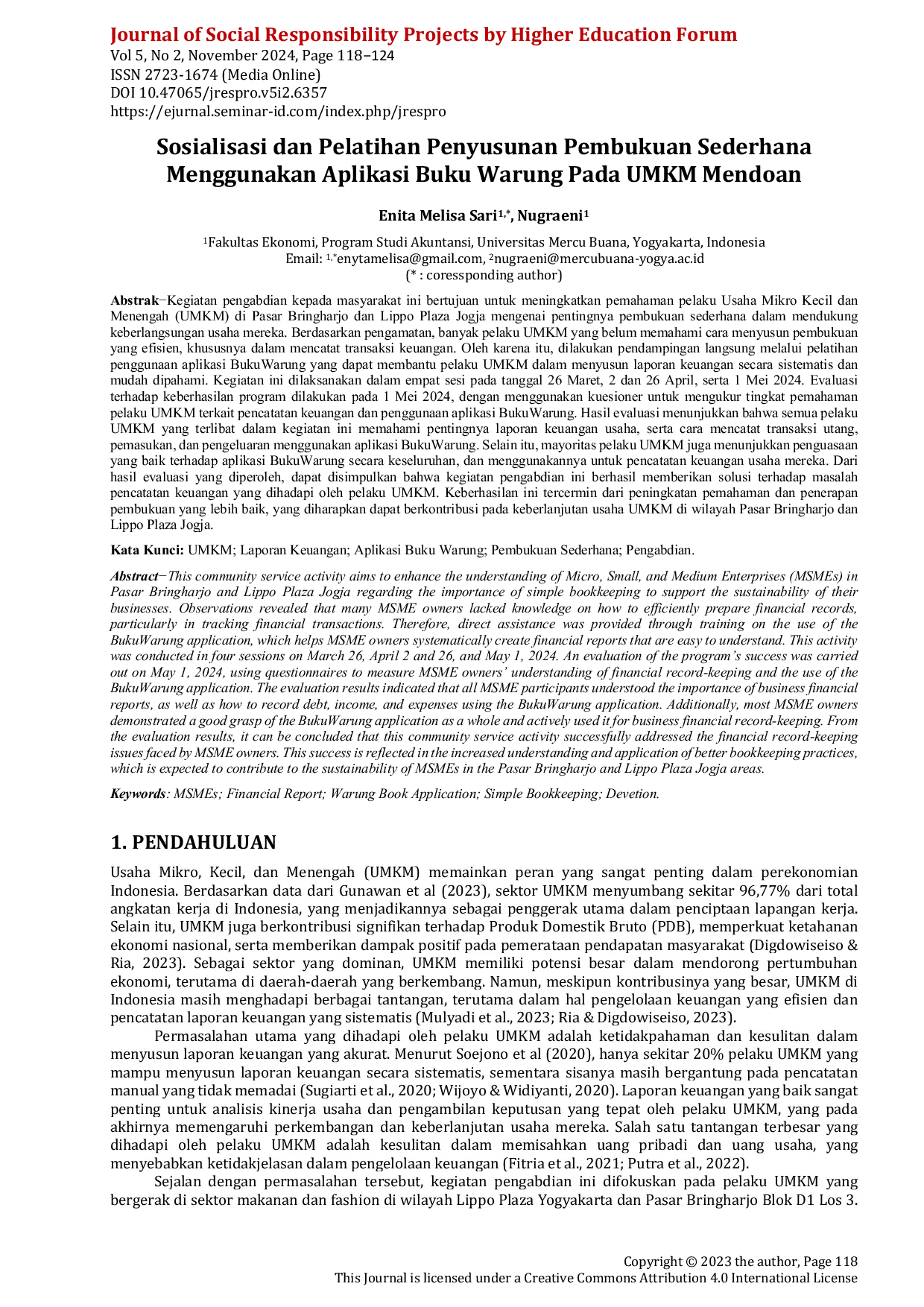JURIS Sosialisasi dan Pelatihan Penyusunan Pembukuan Sederhana Menggunakan Aplikasi Buku Warung Pada UMKM Mendoan