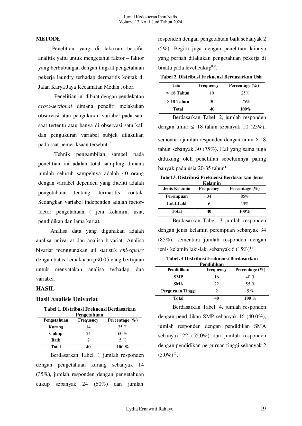 JURIS Faktor yang Berhubungan dengan Tingkat Pengetahuan pada Pekerja Laundry tentang Dermatitis Kontak