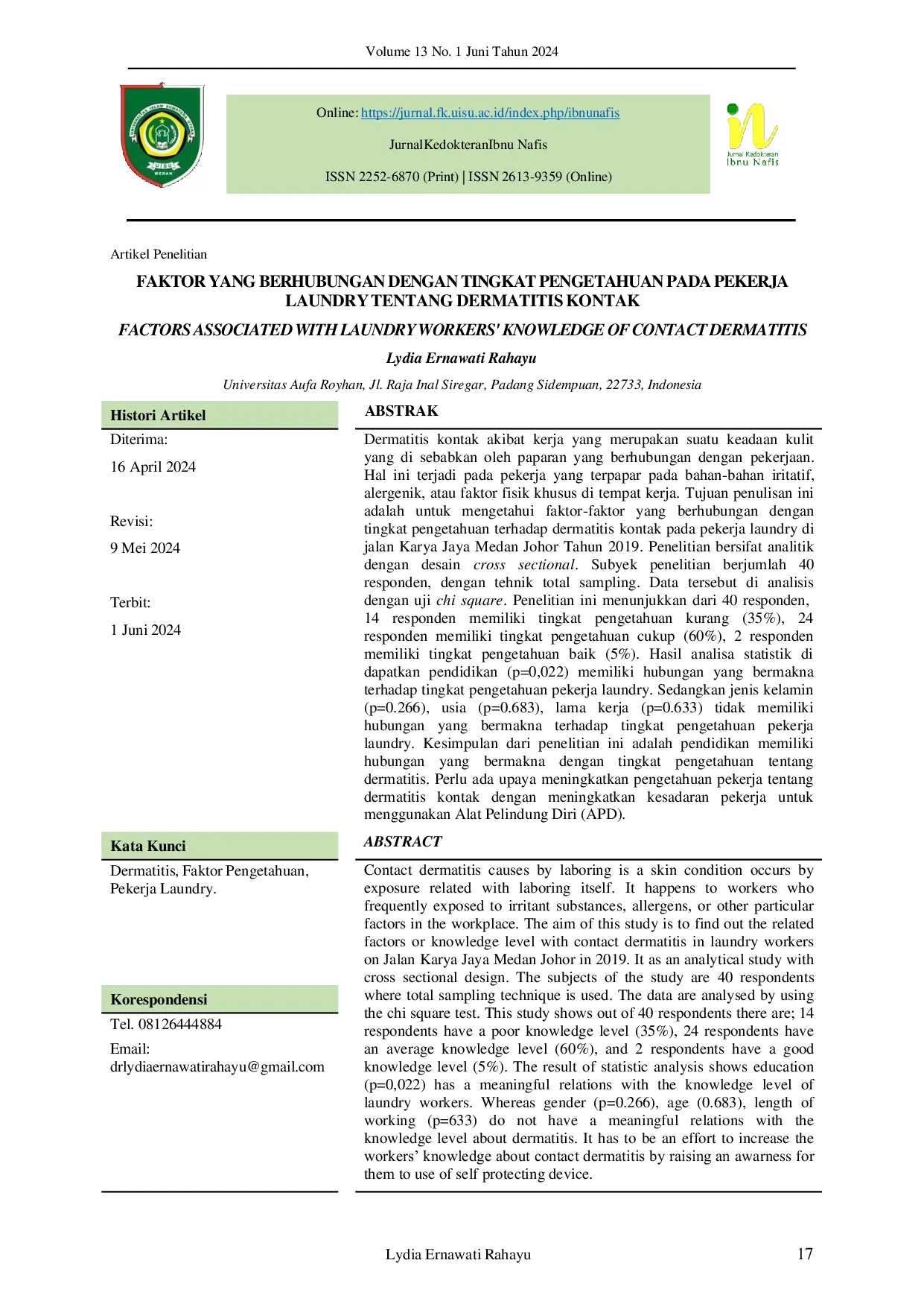 JURIS Faktor yang Berhubungan dengan Tingkat Pengetahuan pada Pekerja Laundry tentang Dermatitis Kontak