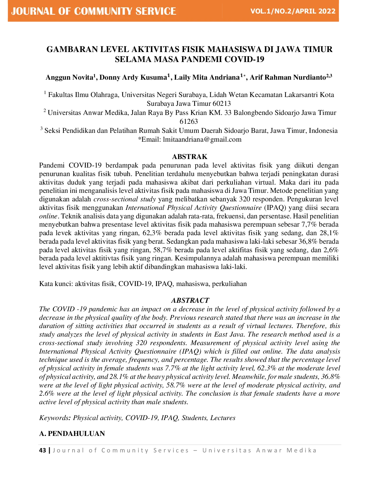 JURIS Gambaran Level Aktivitas Fisik Mahasiswa Di Jawa Timur Selama Masa Pandemi Covid 19