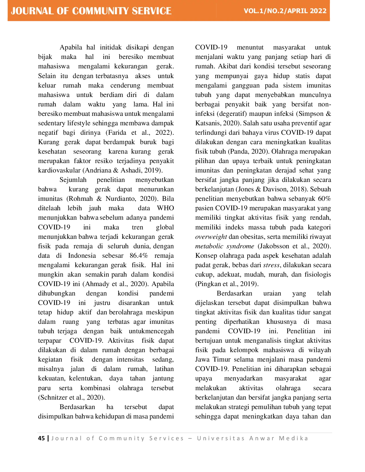JURIS Gambaran Level Aktivitas Fisik Mahasiswa Di Jawa Timur Selama Masa Pandemi Covid 19