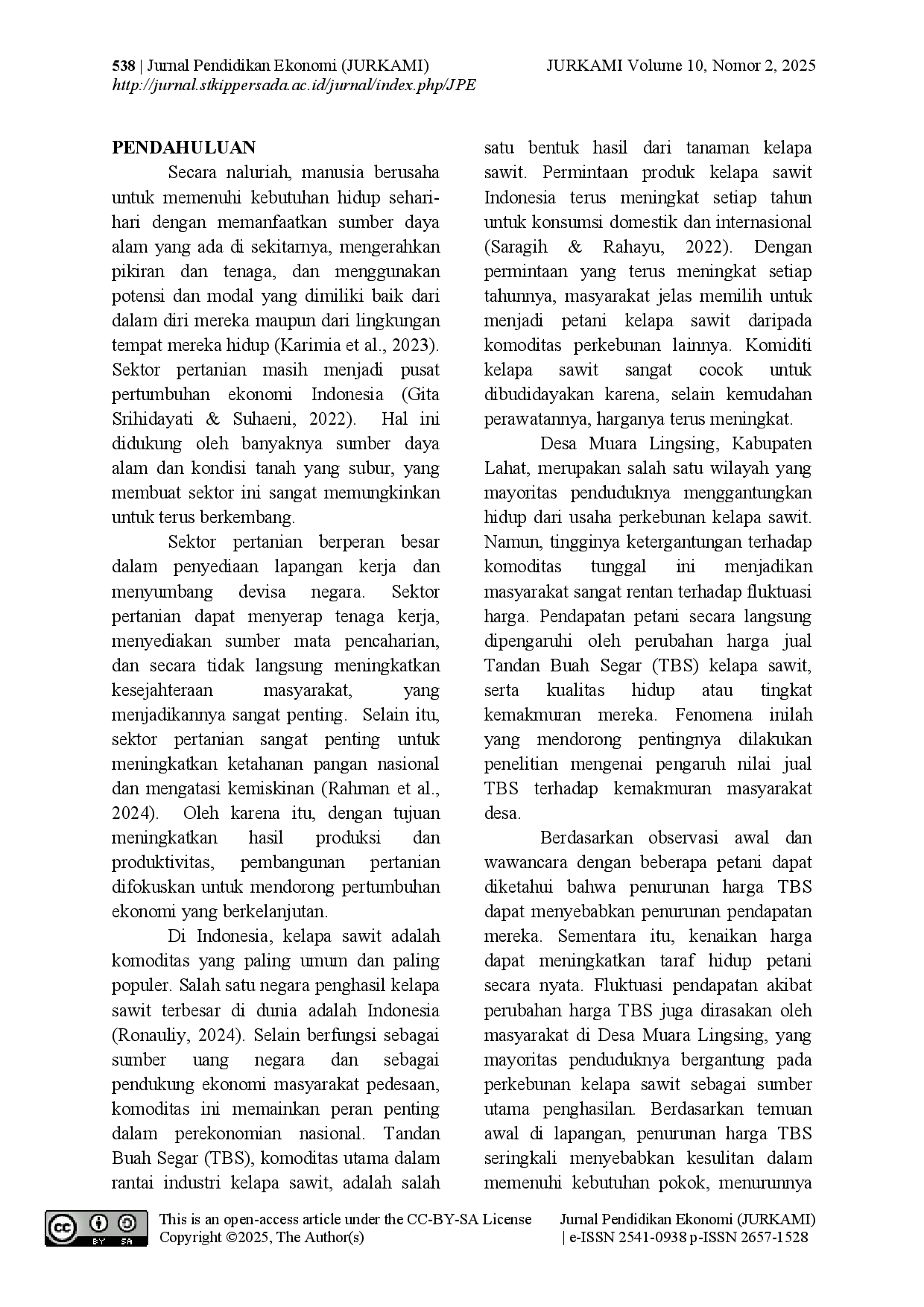 juris Pengaruh Perubahan Nilai Jual Tbs Kelapa Sawit Terhadap Kemakmuran Masyarakat Desa Muara Lingsing Kabupaten Lahat