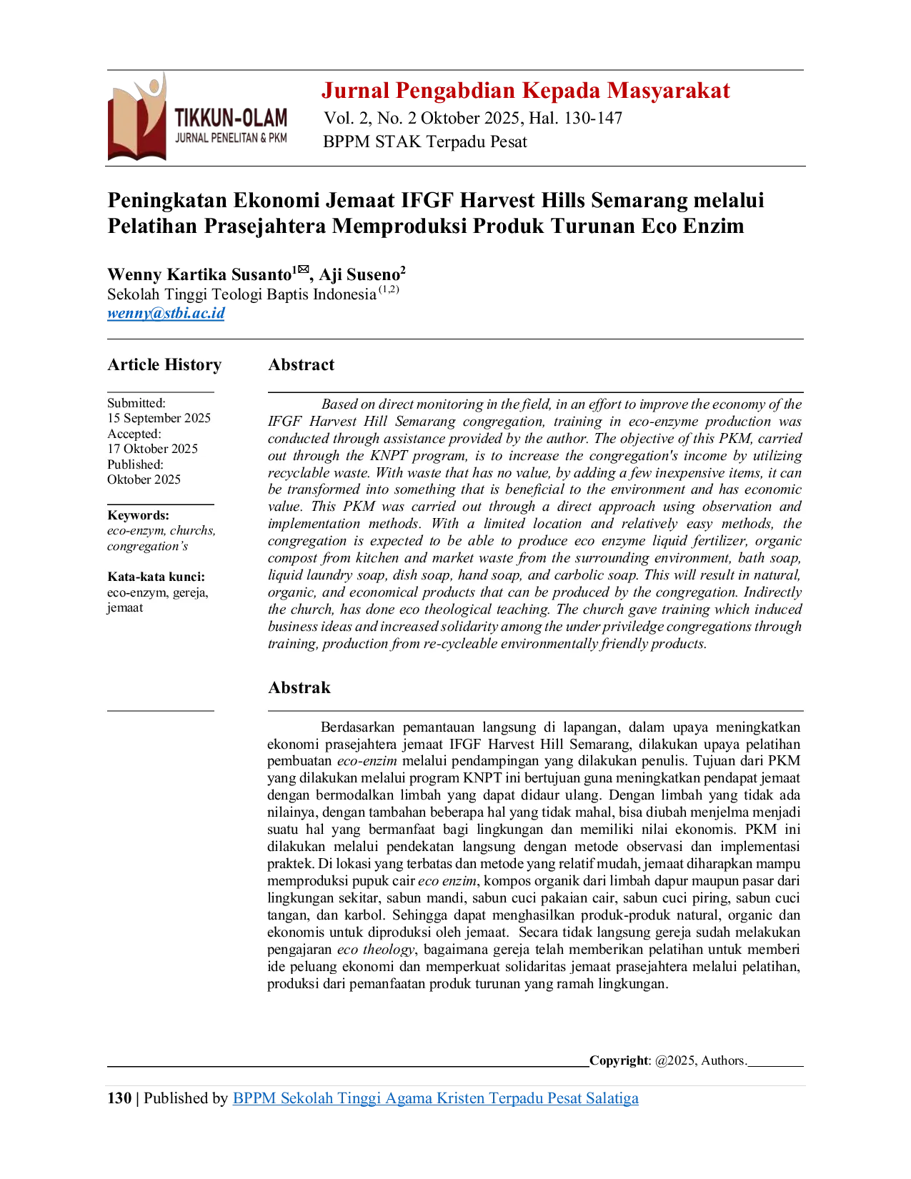 JURIS Peningkatan Ekonomi Jemaat IFGF Harvest Hills Semarang Melalui Pelatihan Prasejahtera Memproduksi Produk Turunan Eco Enzim