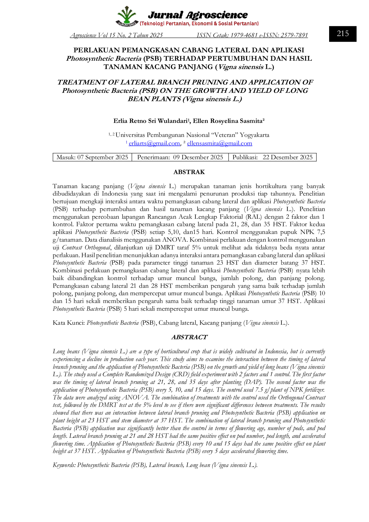 JURIS PERLAKUAN PEMANGKASAN CABANG LATERAL DAN APLIKASI Photosynthetic Bacteria PSB TERHADAP PERTUMBUHAN DAN HASIL TANAMAN KACANG PANJANG Vigna sinensis L