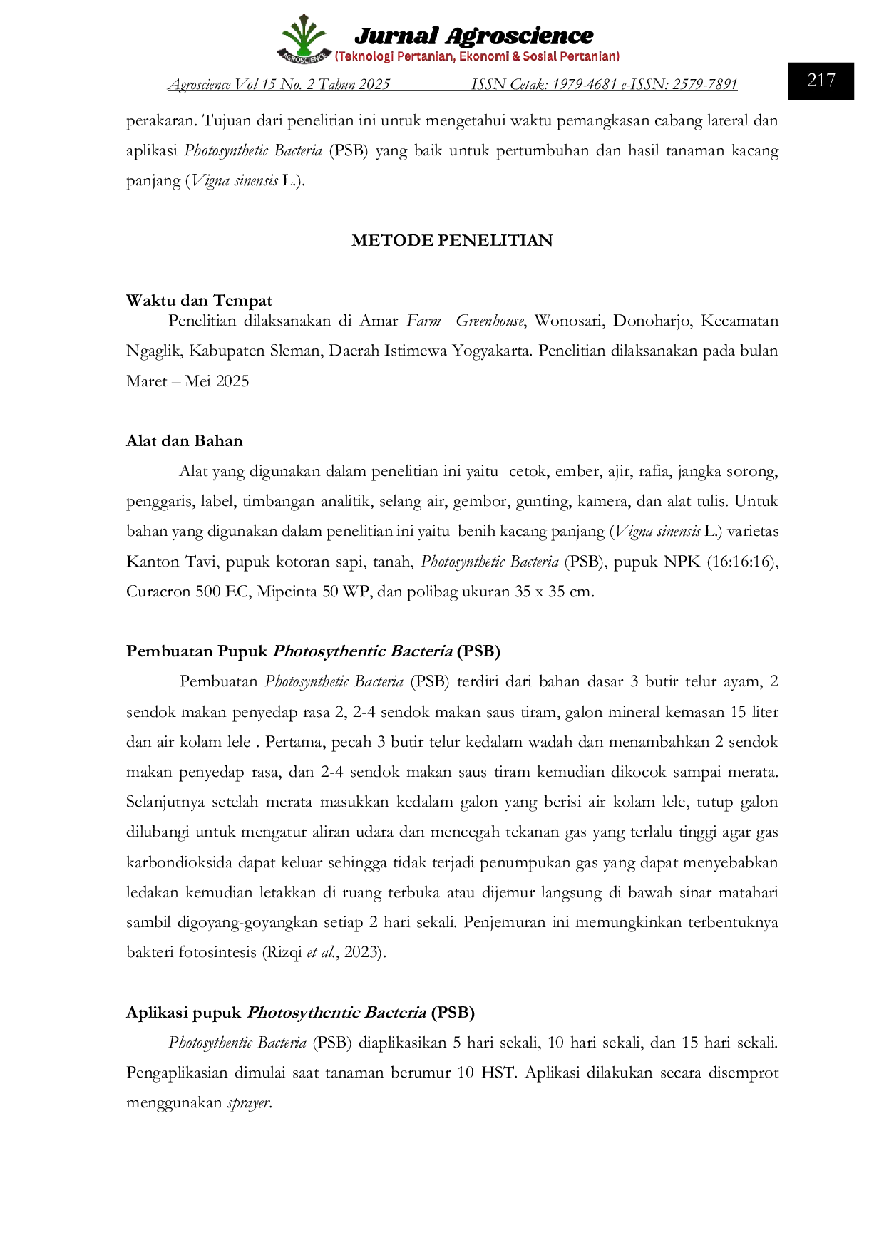 JURIS PERLAKUAN PEMANGKASAN CABANG LATERAL DAN APLIKASI Photosynthetic Bacteria PSB TERHADAP PERTUMBUHAN DAN HASIL TANAMAN KACANG PANJANG Vigna sinensis L