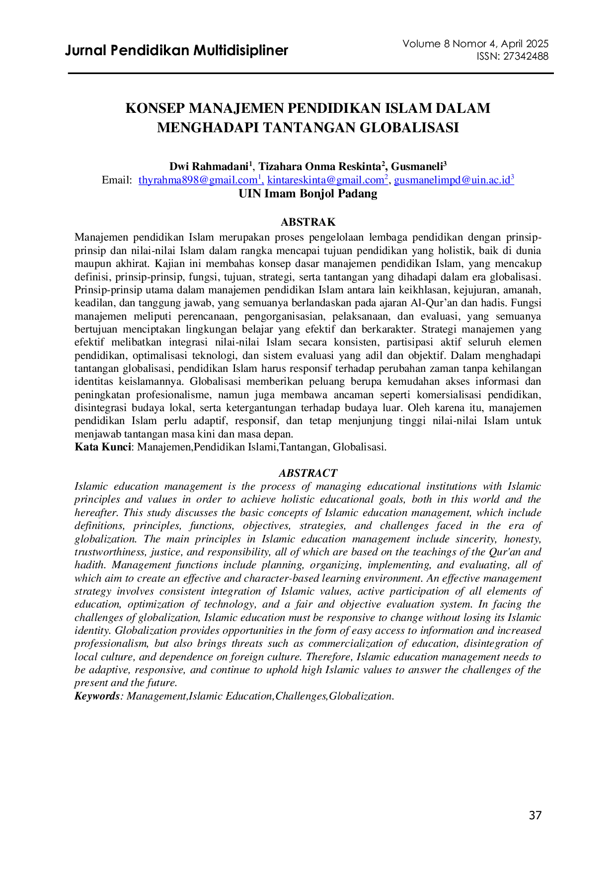 JURIS Konsep Manajemen Pendidikan Islam Dalam Menghadapi Tantangan Globalisasi