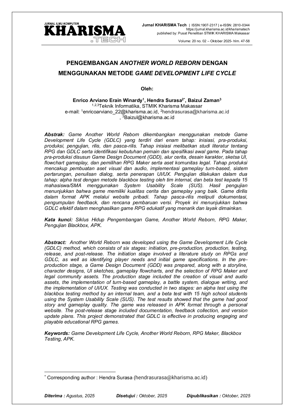 JURIS Pengembangan Another World Reborn dengan Menggunakan Metode Game Development Life Cycle