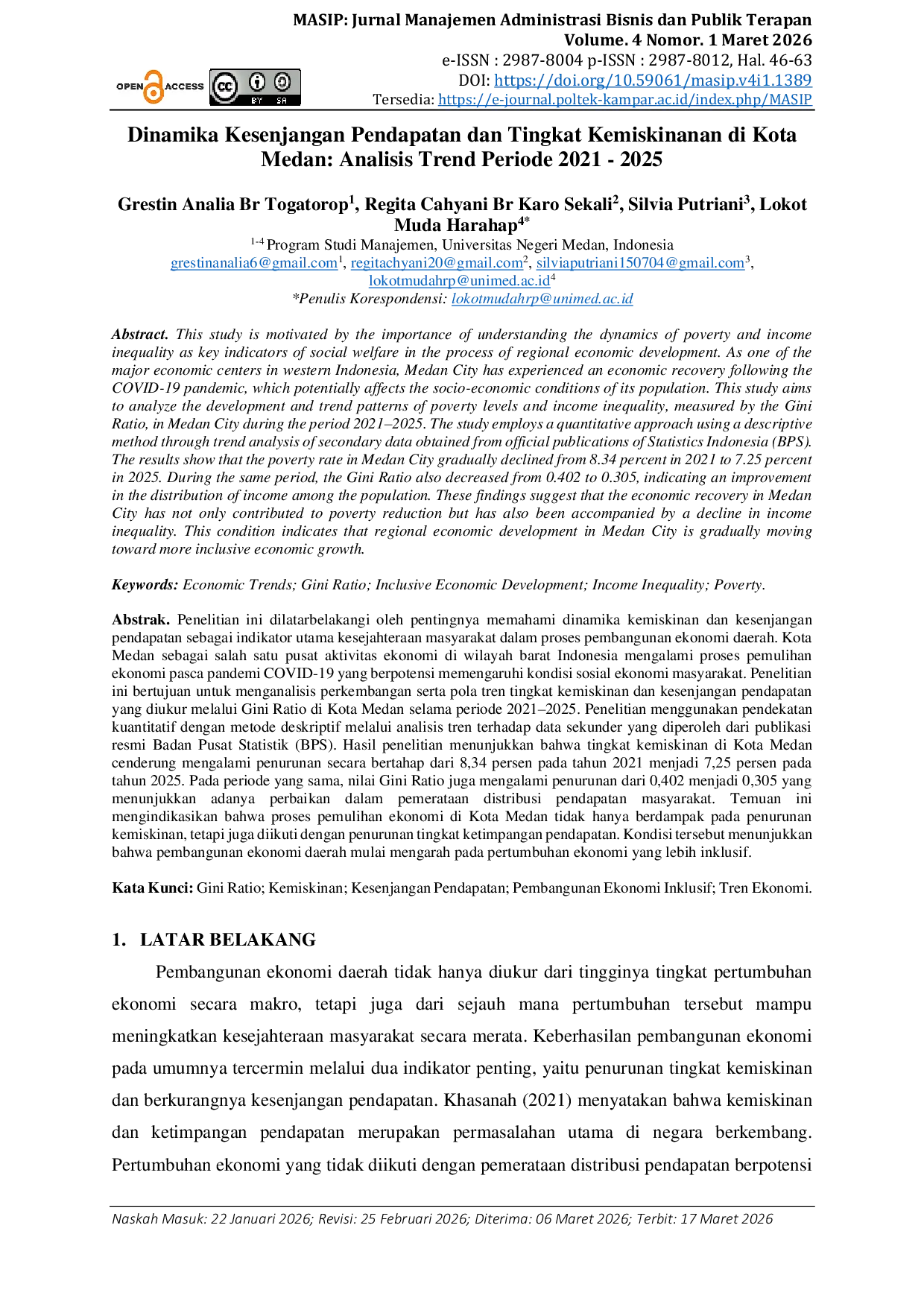 JURIS Dinamika Kesenjangan Pendapatan dan Tingkat Kemiskinanan di Kota Medan Analisis Trend Periode 2021 2025