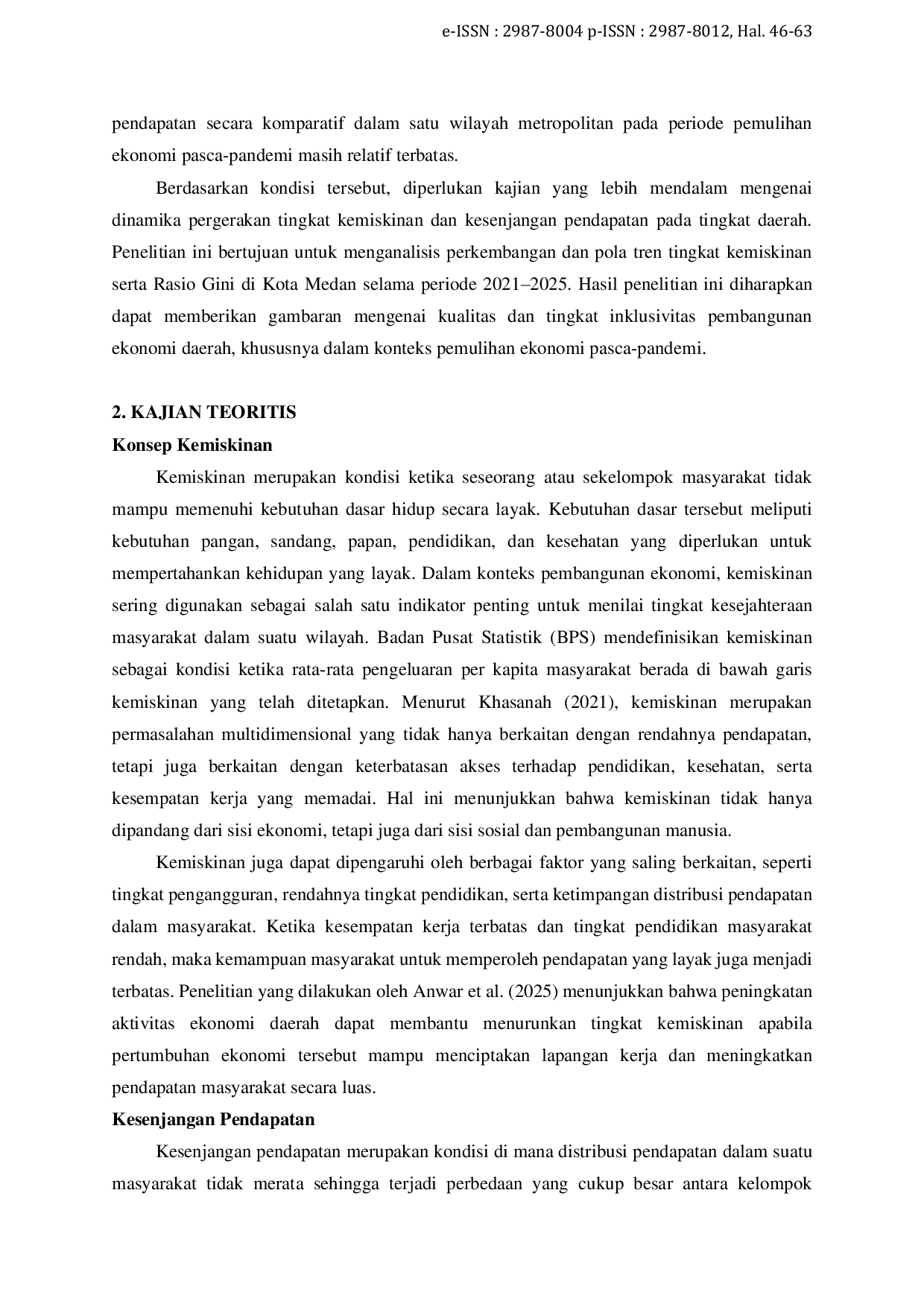 JURIS Dinamika Kesenjangan Pendapatan dan Tingkat Kemiskinanan di Kota Medan Analisis Trend Periode 2021 2025