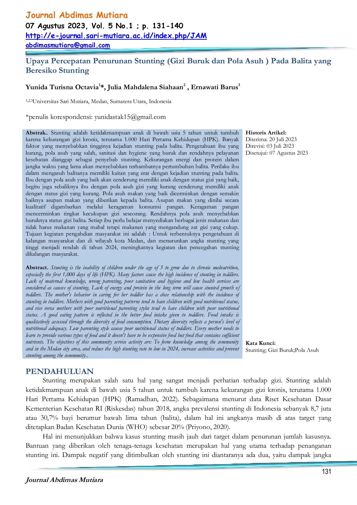 JURIS Upaya Percepatan Penurunan Stunting Gizi Buruk dan Pola Asuh Pada Balita yang Beresiko Stunting