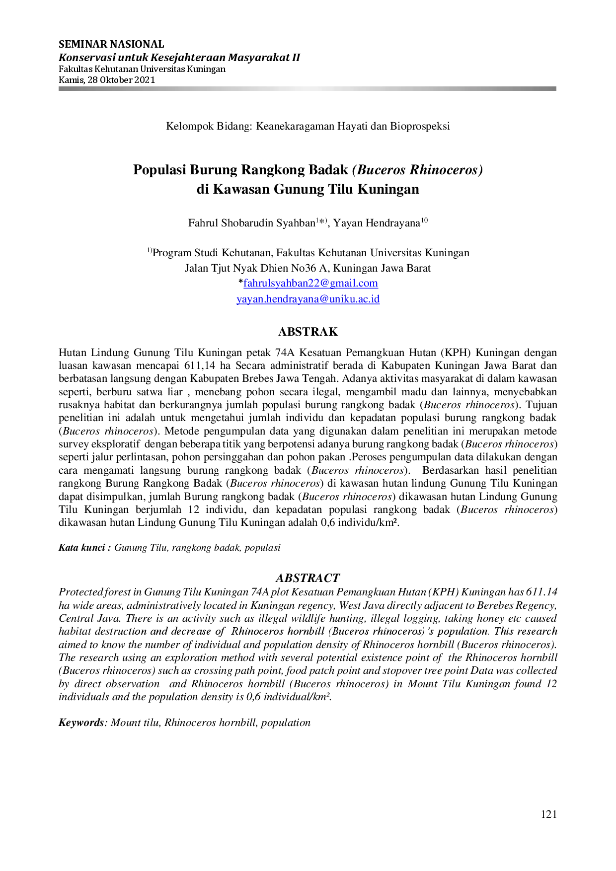 juris Populasi Burung Rangkong Badak Buceros Rhinoceros di Kawasan Gunung Tilu Kuningan