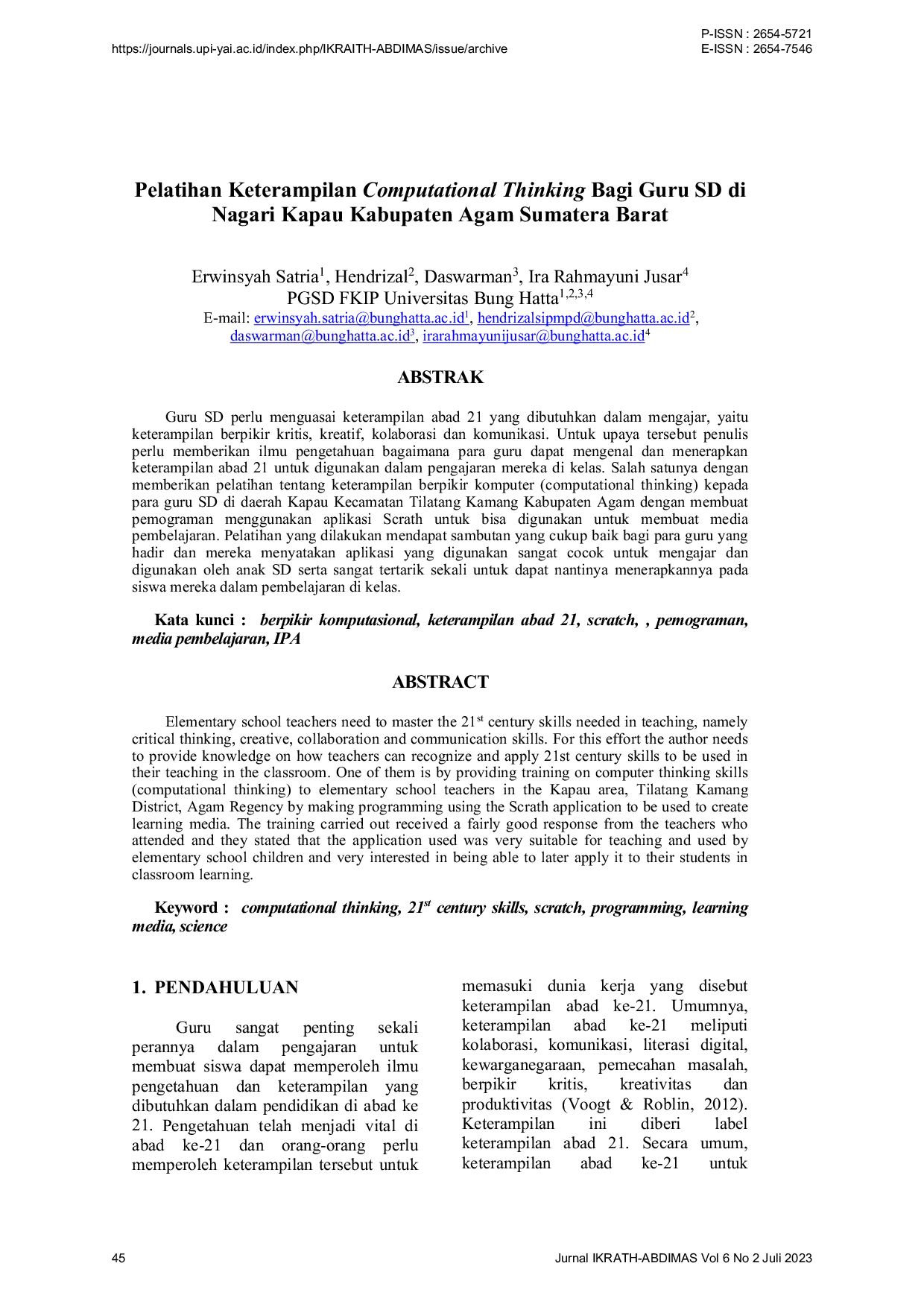 JURIS Pelatihan Keterampilan Computational Thinking Bagi Guru SD di Nagari Kapau Kabupaten Agam Sumatera Barat