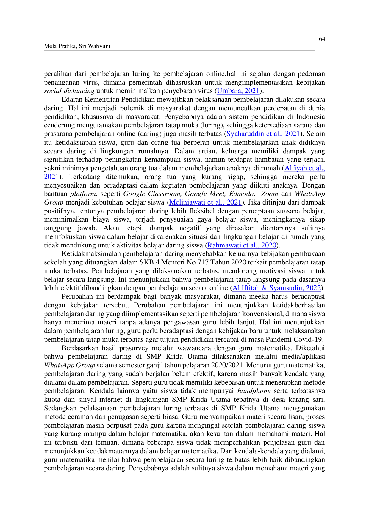 juris Analisis Komparasi Hasil Belajar Matematika Siswa SMP saat Pembelajaran Daring dan Luring Terbatas