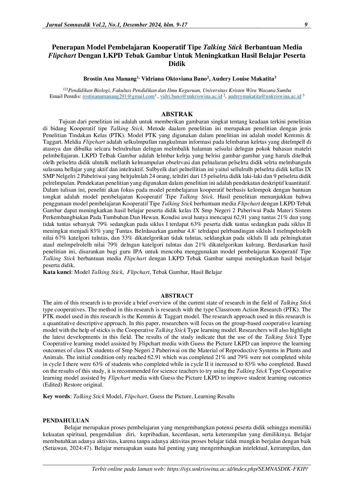 JURIS Penerapan Model Pembelajaran Kooperatif Tipe Talking Stick Berbantuan Media Flipchart Dengan LKPD Tebak Gambar Untuk Meningkatkan Hasil Belajar Peserta Didik