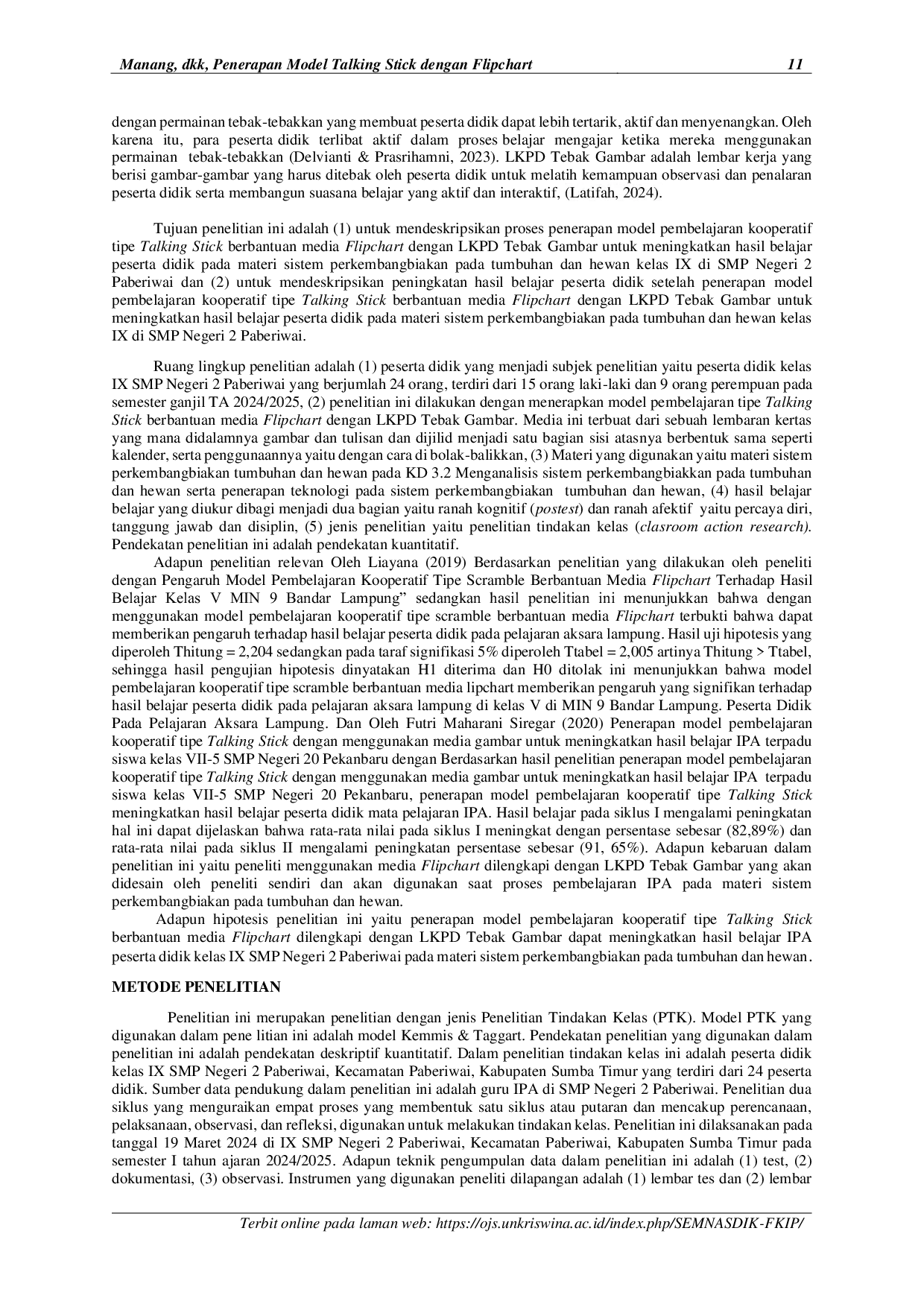JURIS Penerapan Model Pembelajaran Kooperatif Tipe Talking Stick Berbantuan Media Flipchart Dengan LKPD Tebak Gambar Untuk Meningkatkan Hasil Belajar Peserta Didik