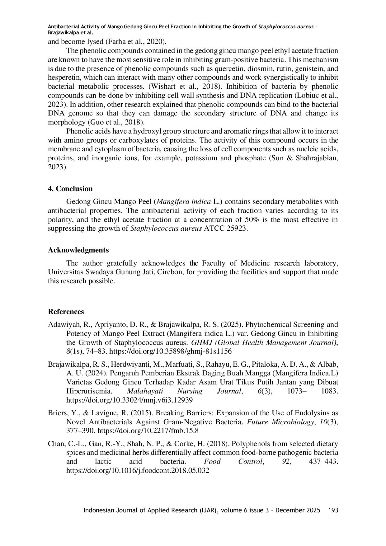 JURIS Antibacterial Activity of Mango Gedong Gincu Peel Fraction in Inhibiting the Growth of Staphylococcus aureus