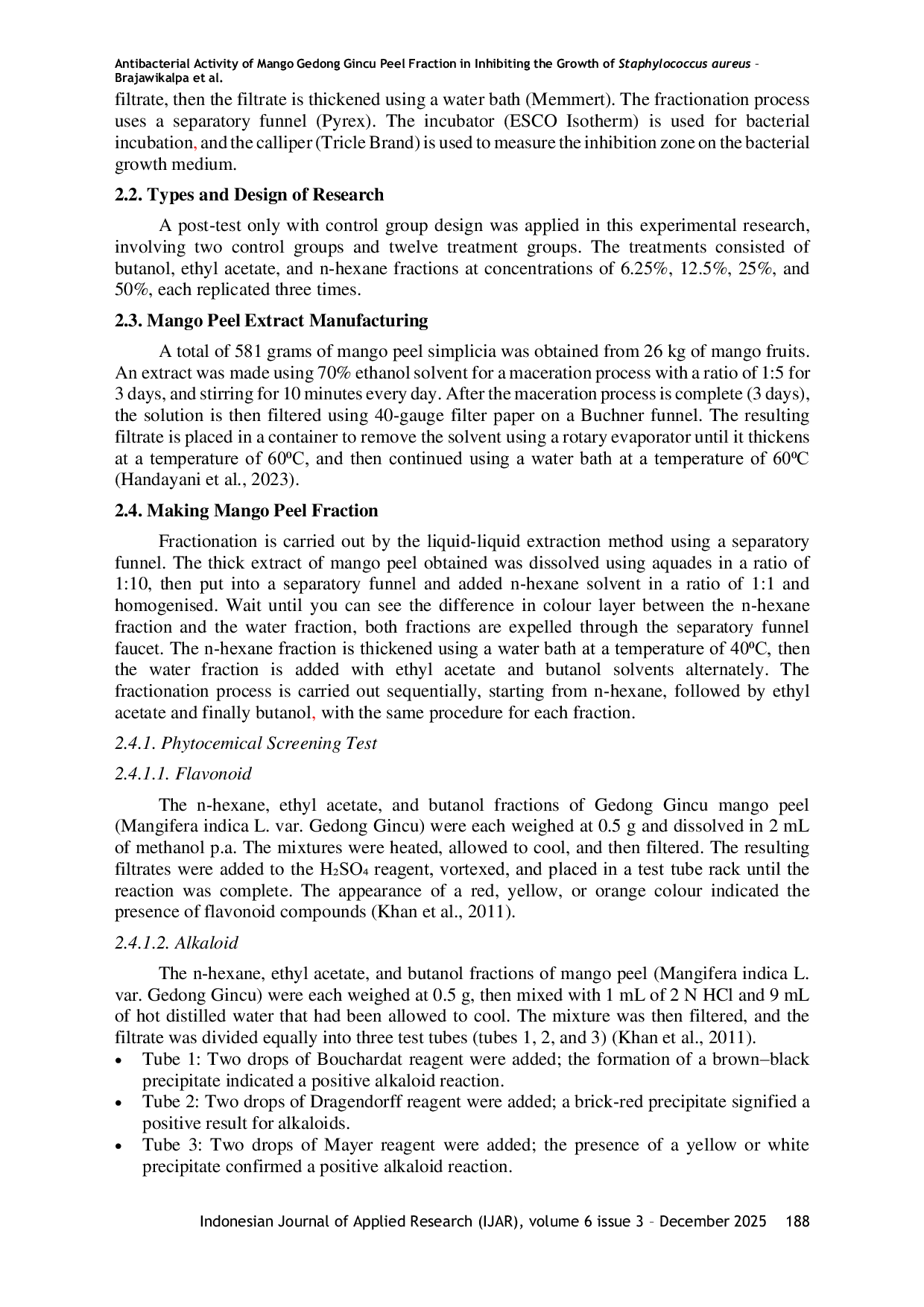 JURIS Antibacterial Activity of Mango Gedong Gincu Peel Fraction in Inhibiting the Growth of Staphylococcus aureus