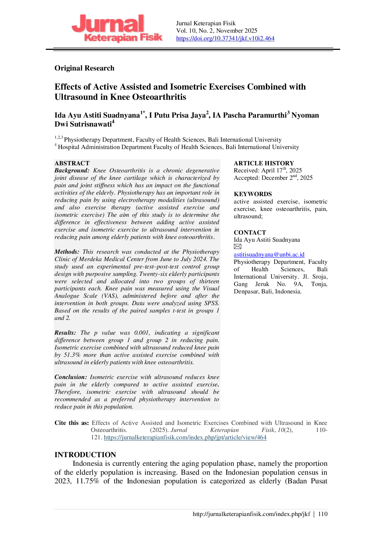 JURIS Effects of Active Assisted and Isometric Exercises Combined with Ultrasound in Knee Osteoarthritis