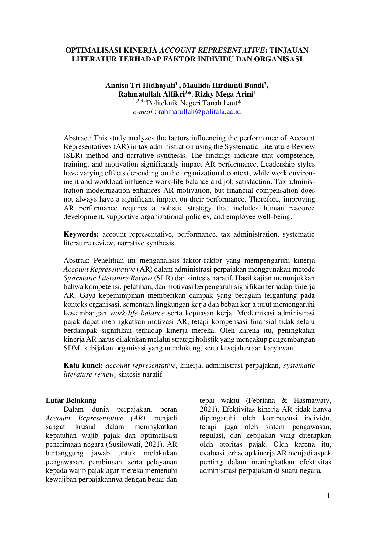 JURIS Optimalisasi Kinerja Account Representative Tinjauan Literatur Terhadap Faktor Individu Dan Organisasi