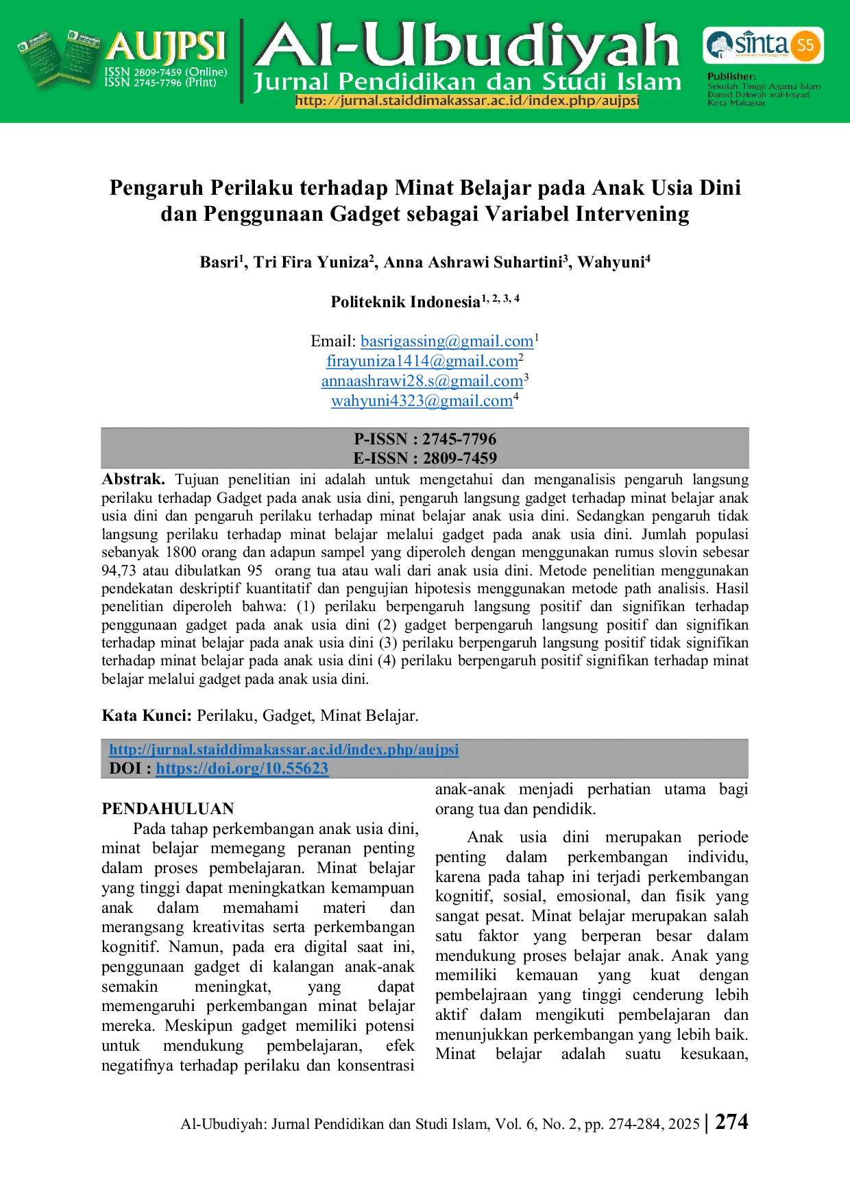 JURIS Pengaruh Perilaku terhadap Minat Belajar pada Anak Usia Dini dan Penggunaan Gadget sebagai Variabel Intervening